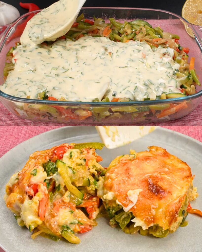 Zucchini and Vegetable Casserole with Creamy Cheese Topping finished dish
