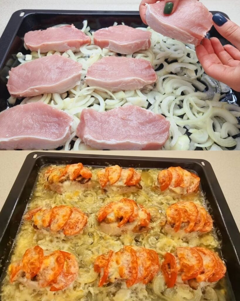 Baked Pork with Mushrooms, Onions, and Cheese finished dish