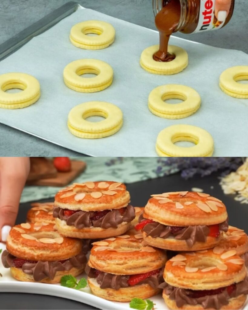 Homemade Almond Puff Pastries with Nutella Cream and Strawberry Filling