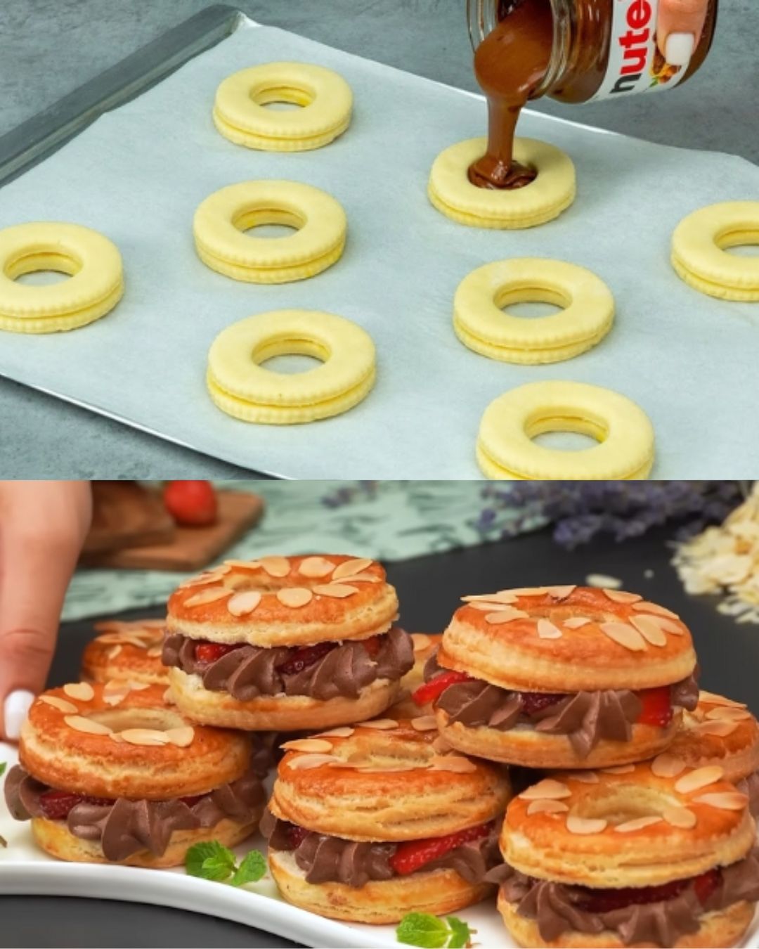 Homemade Almond Puff Pastries with Nutella Cream and Strawberry Filling