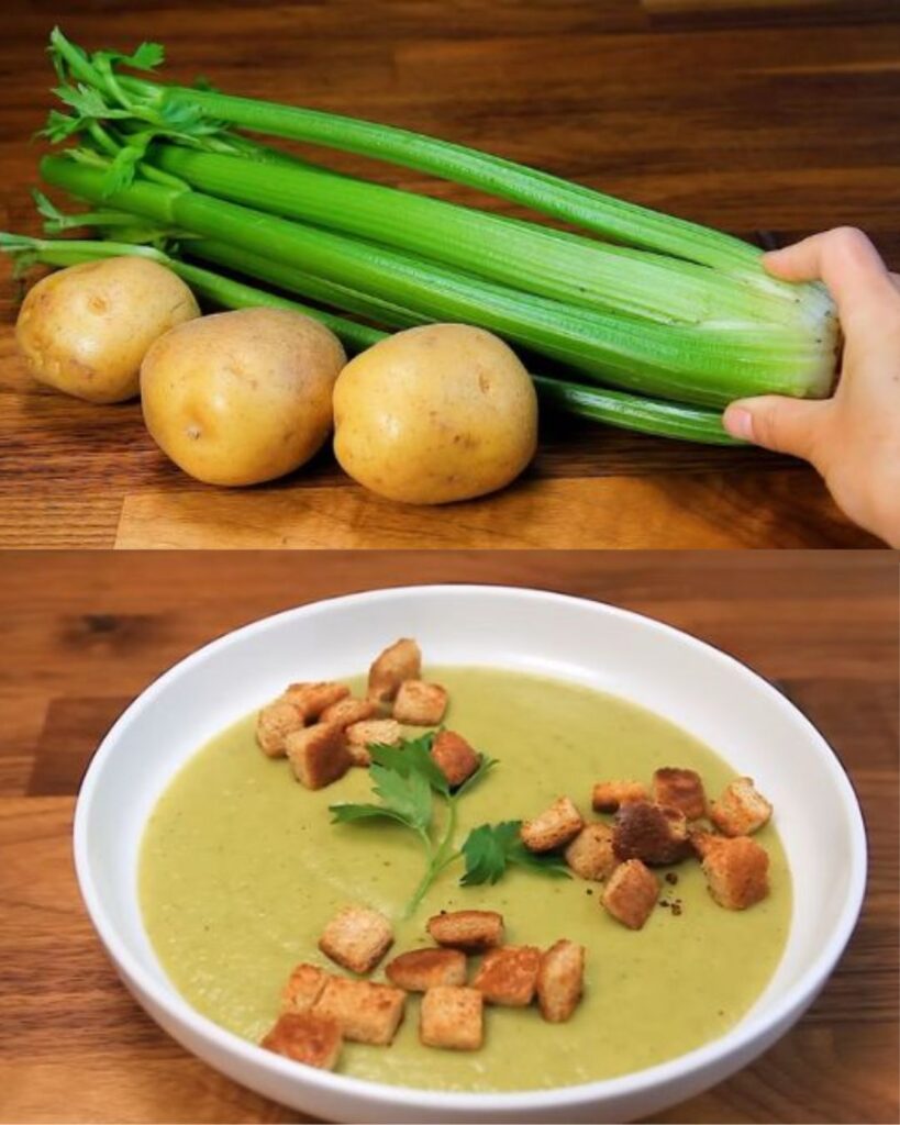 Hearty Potato and Celery Soup with Crispy Bread Crusts