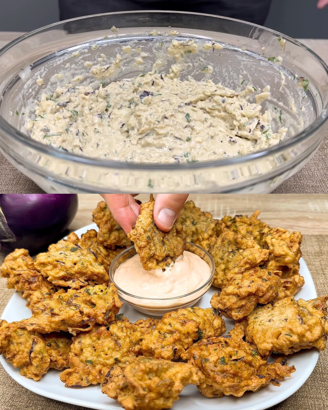 Easy and Budget-Friendly Grated Eggplant Fritters with Tangy Sauce