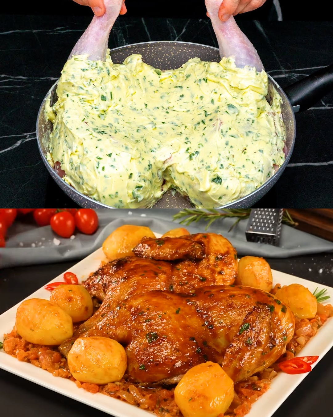 Roasted Whole Chicken with Herb Butter and Potato Salad