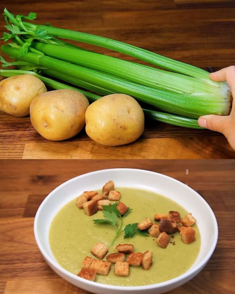 Celery-Potato Cream Soup with Crispy Bread Crusts