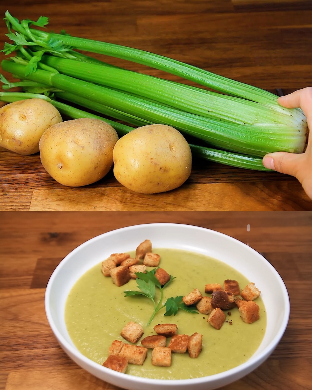Celery-Potato Cream Soup with Crispy Bread Crusts