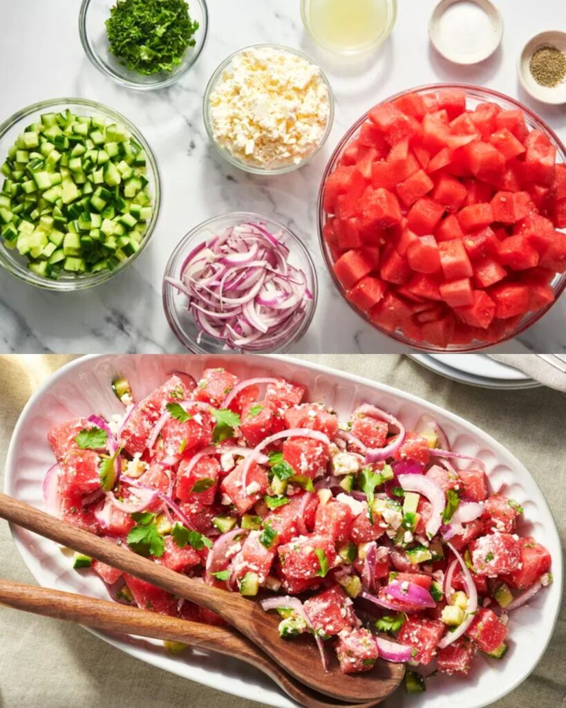 Watermelon and Cucumber Salad with Feta Cheese