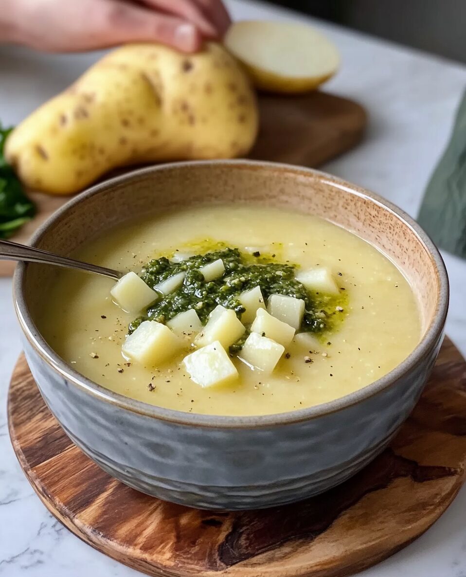 Creamy Asparagus and Potato Soup with Nutty Pesto