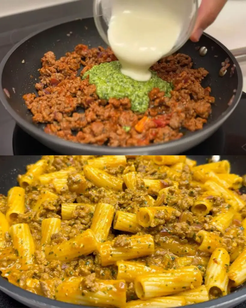 Creamy Ground Beef Pasta with Basil Pesto