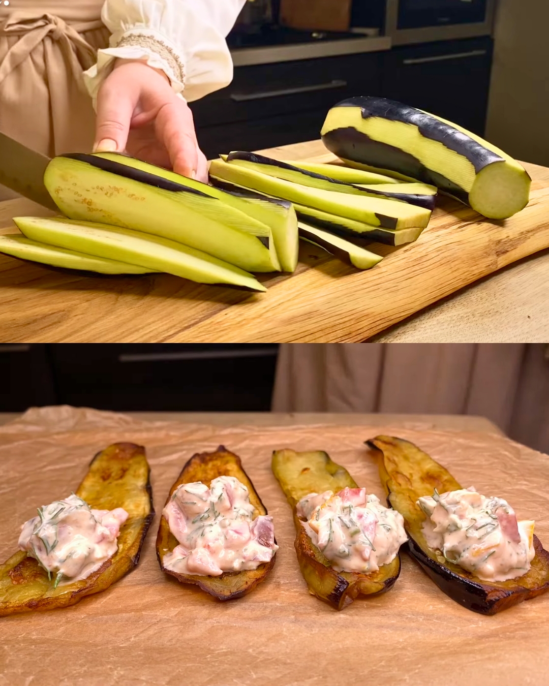 Fried Eggplants with Tomato and Dill Topping