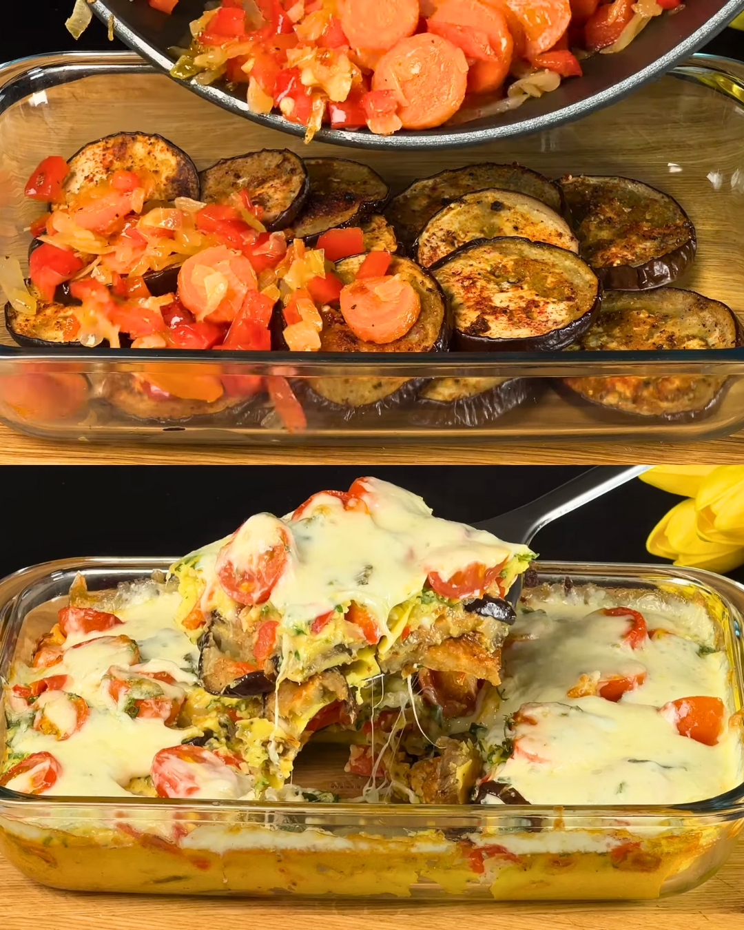 Eggplant with Vegetables Under a Cheese Crust