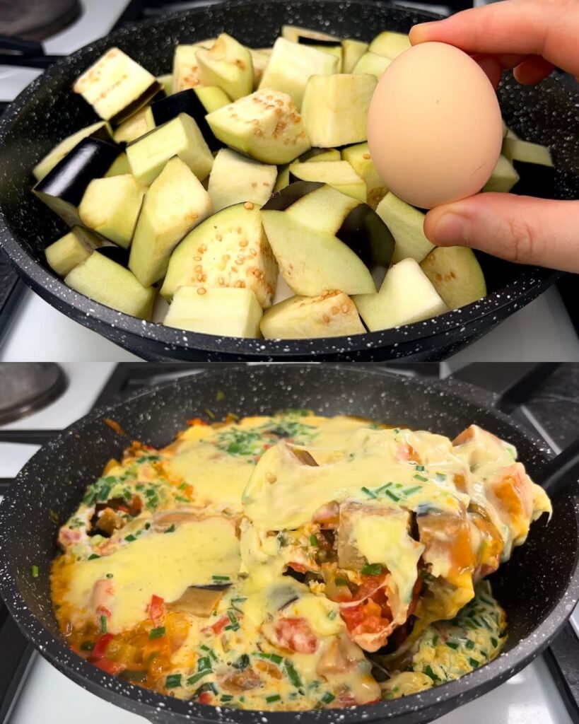 Eggplant and Vegetable Skillet with Eggs and Cheese finished dish