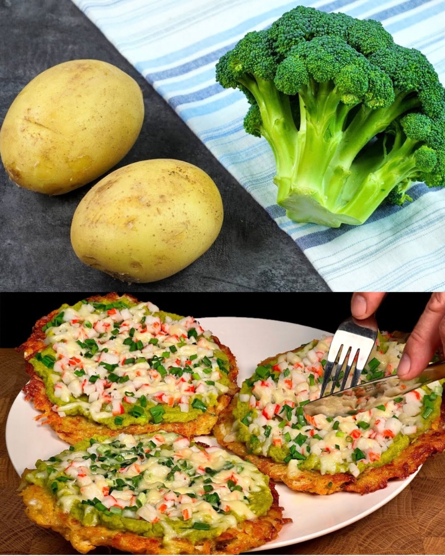 Potato and Broccoli Skillet with Cheddar and Crab Sticks