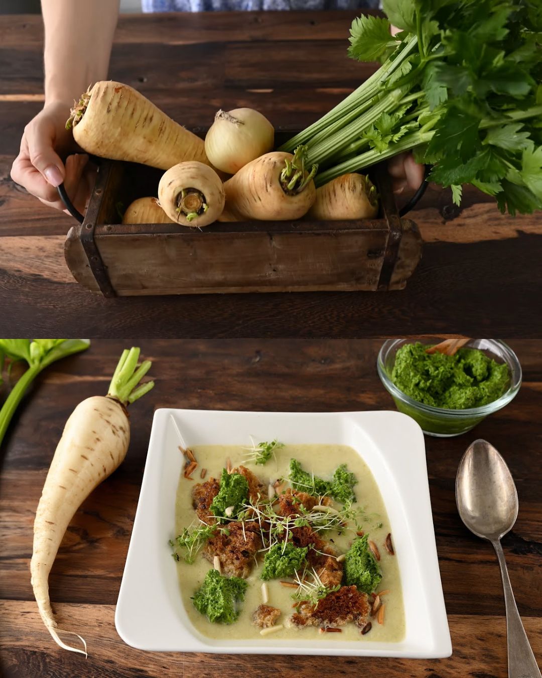 Creamy Parsnip Soup with Celery Leaf Pesto
