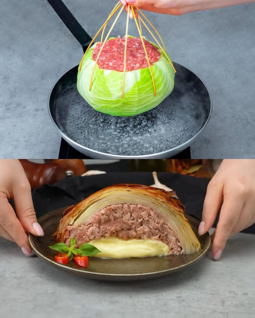 Cabbage Rolls with Minced Meat, Bacon, and Cheese