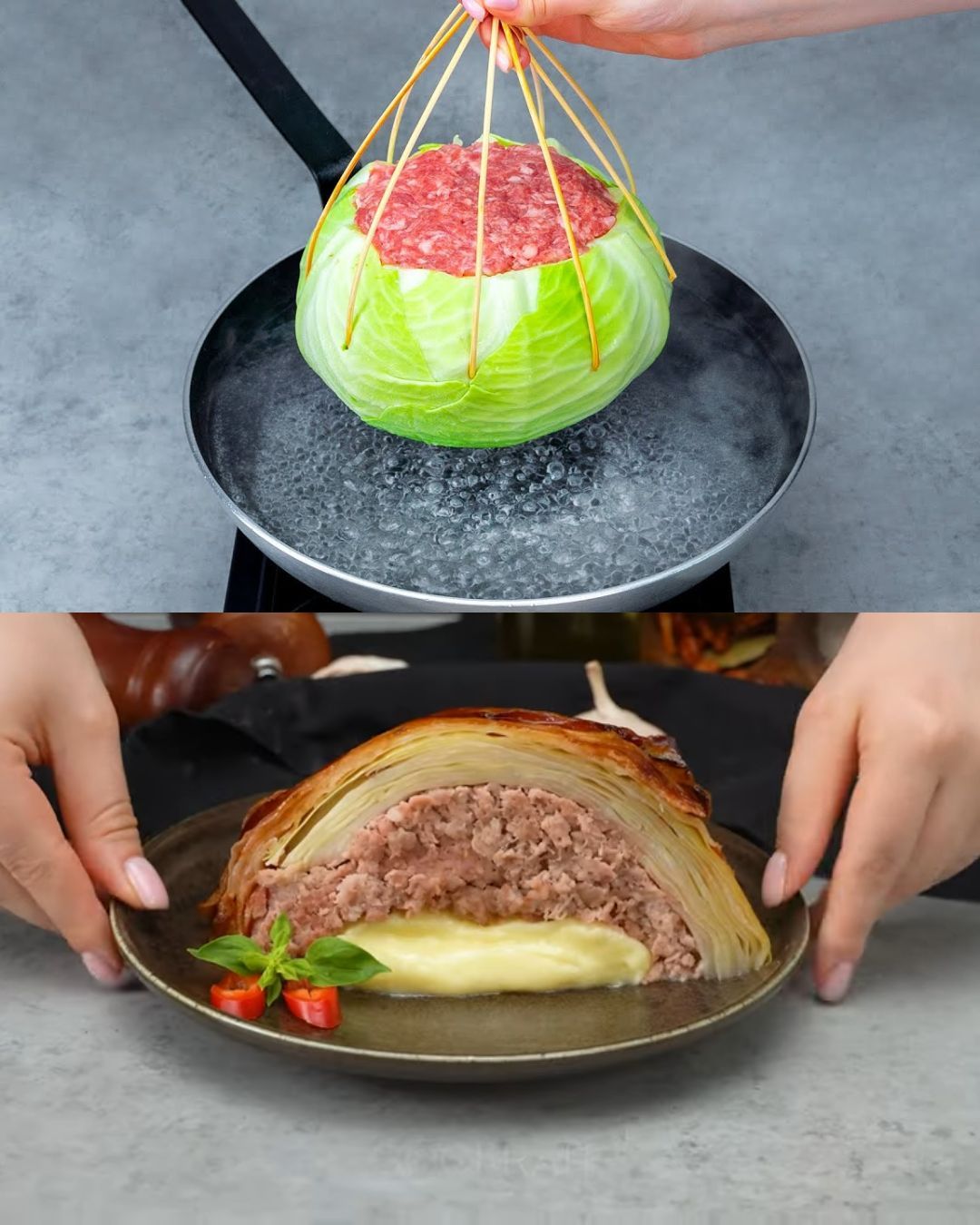 Cabbage Rolls with Minced Meat, Bacon, and Cheese