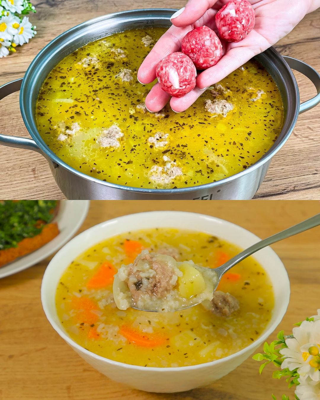 Hearty Meatball Soup with Crunchy Croutons