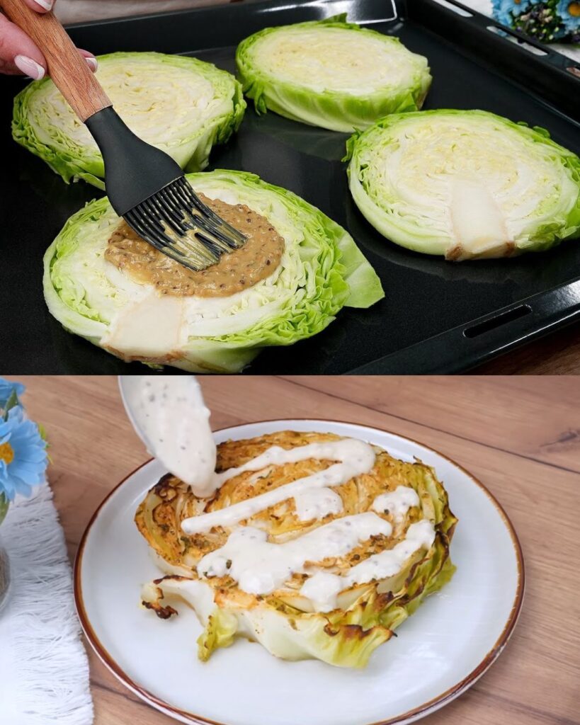Roasted Cabbage Steaks with Mustard-Yogurt Sauce finished dish