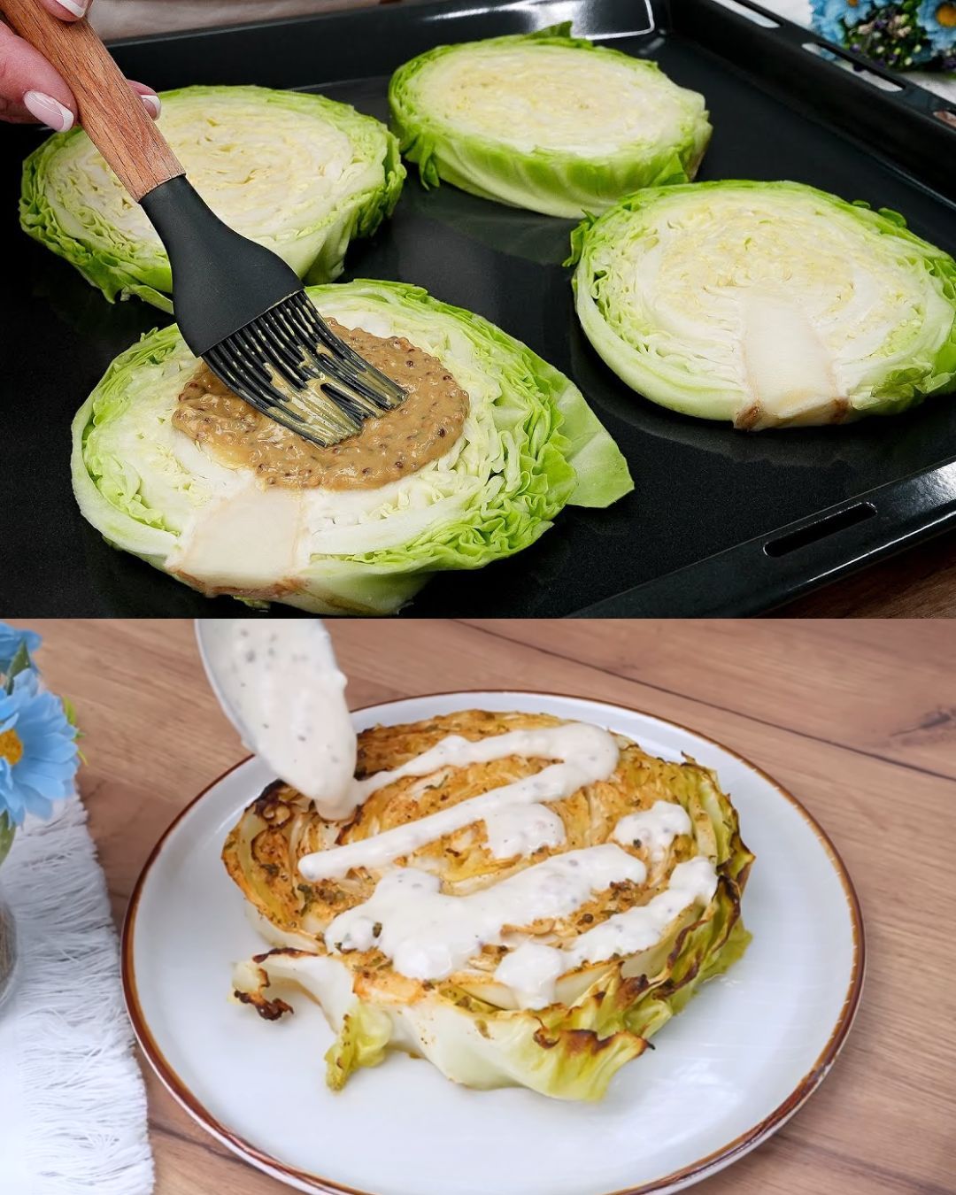 Roasted Cabbage Steaks with Mustard-Yogurt Sauce