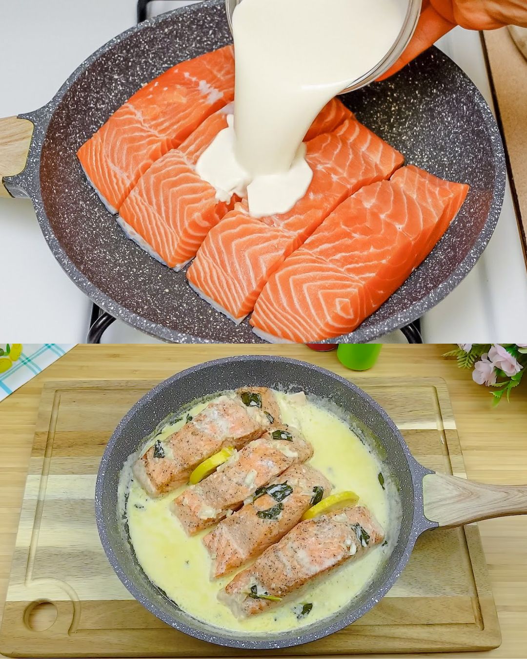 Creamy Salmon with Parmesan Spinach and Turmeric Rice