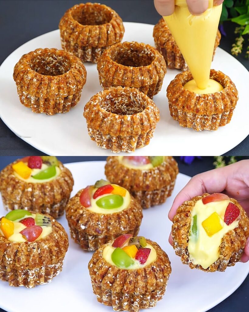 Date and Oatmeal Bars with Custard Cream and Fresh Fruits