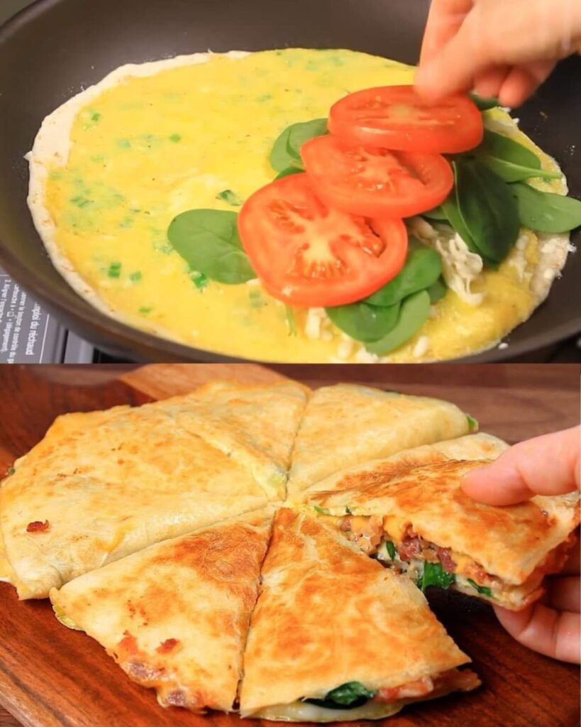 Breakfast Quesadilla with Eggs, Bacon, and Spinach