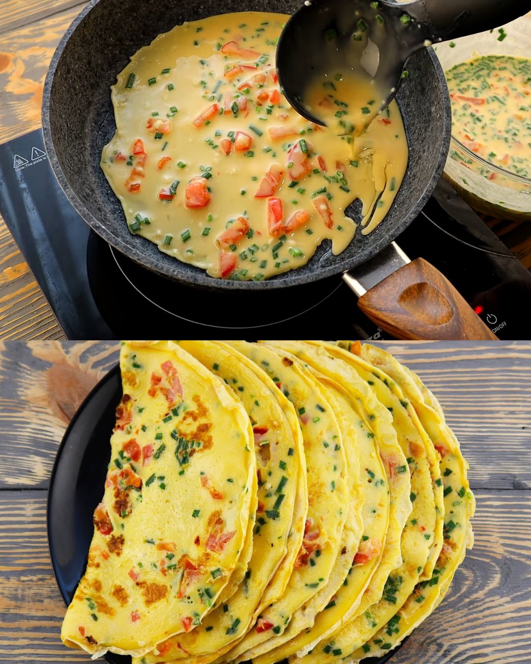 Cheesy Egg Pancakes with Tomatoes and Green Onions