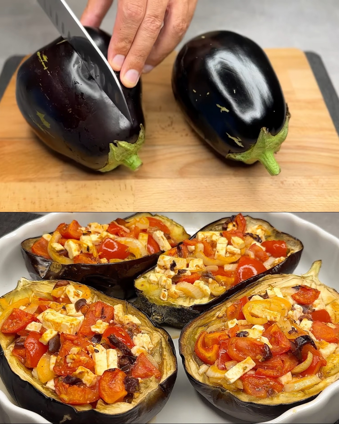 Stuffed Eggplant Boats with Feta and Cherry Tomatoes