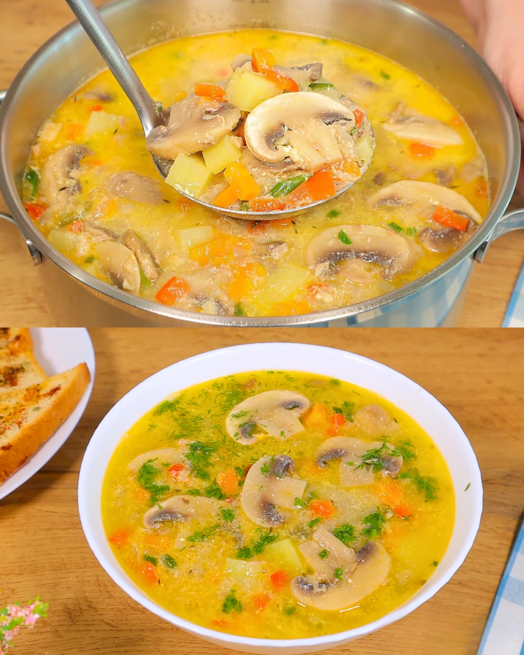 Mushroom Soup with Tuna and Homemade Croutons