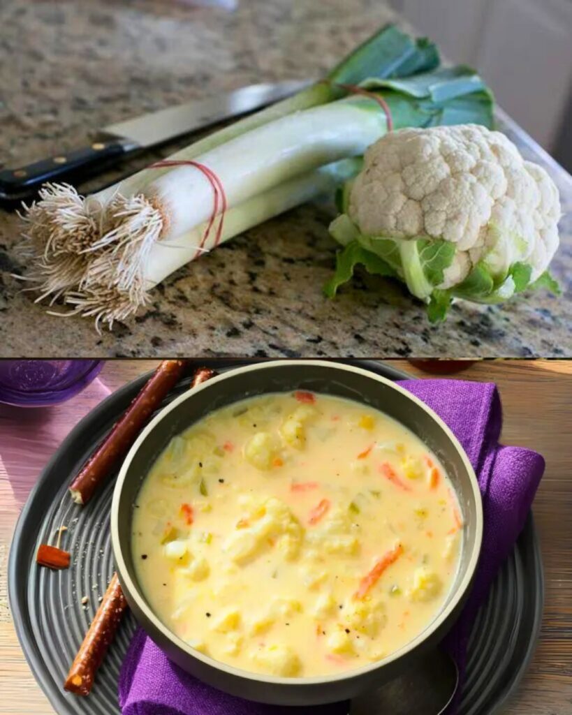 Creamy Cauliflower, Leek, and Cheddar Soup finished dish