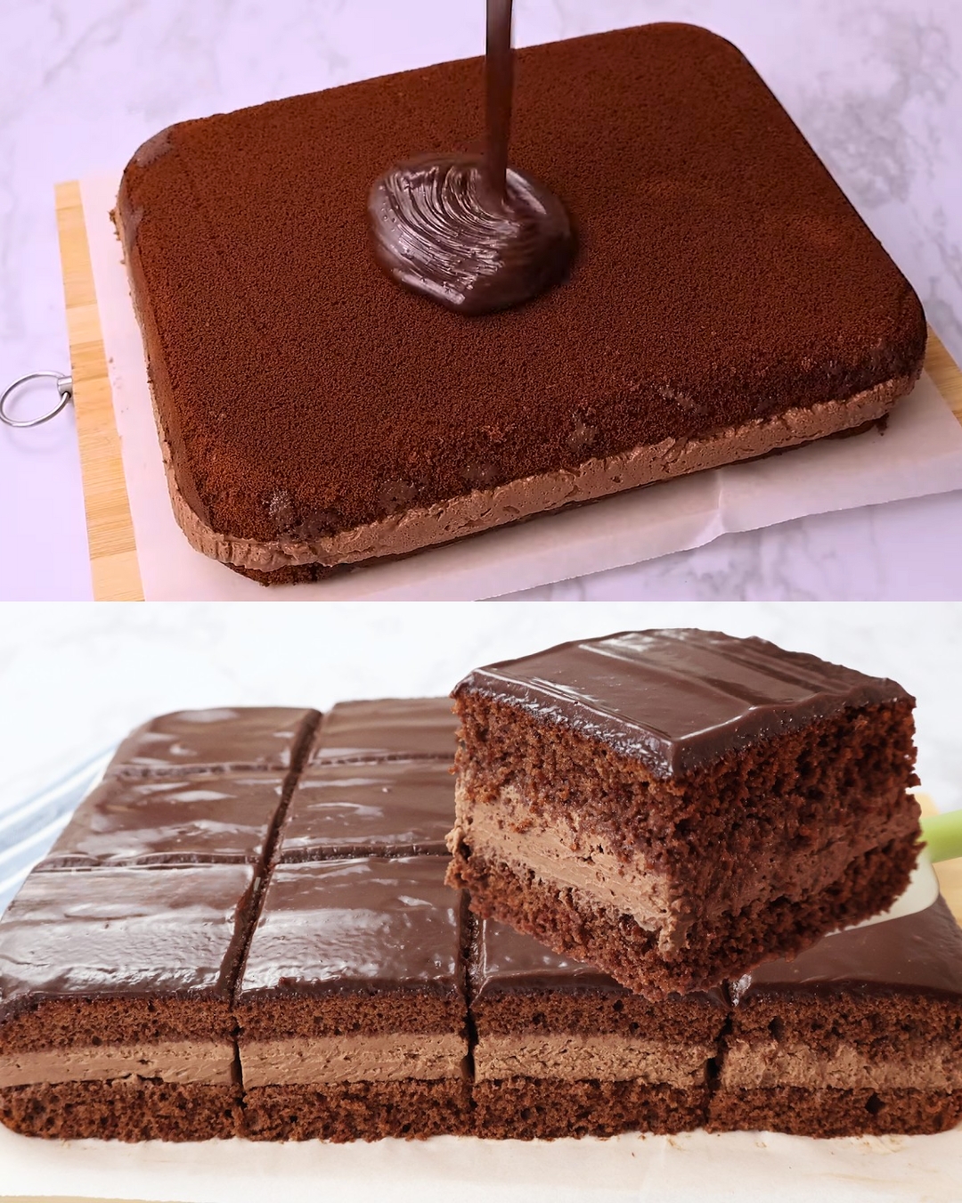 Fluffy Chocolate Sheet Cake with Creamy Filling and Ganache