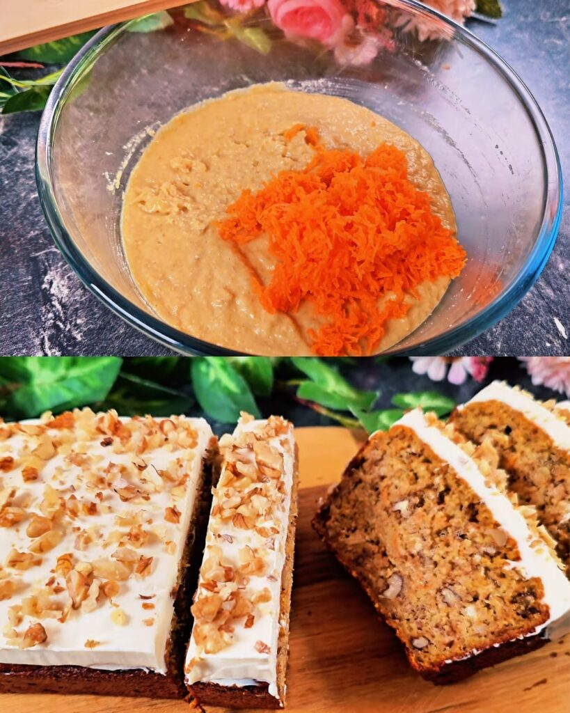 Banana Carrot Cake Loaf with Cream Cheese Frosting finished dish