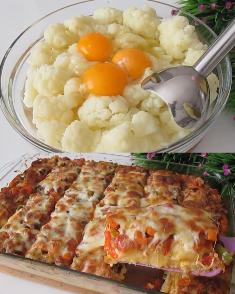 Baked Cauliflower Casserole with Vegetables and Cheddar Cheese finished dish