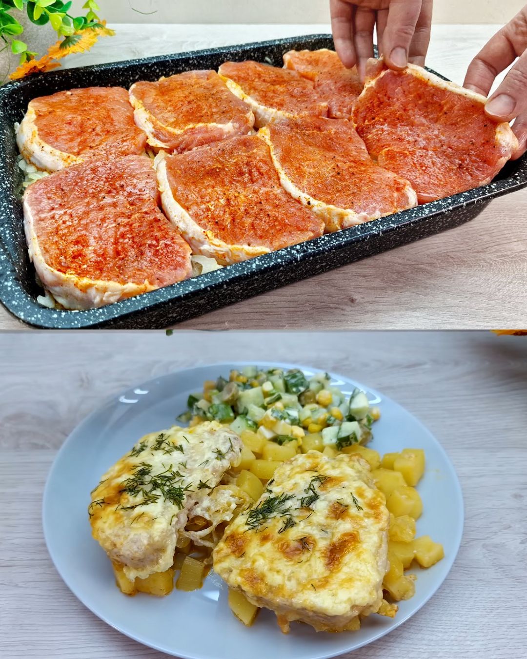 Baked Pork and Potato Casserole with Cheese and Vegetable Salad
