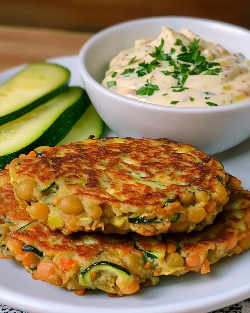 Red Lentil and Zucchini Fritters with Tahini Yogurt Sauce