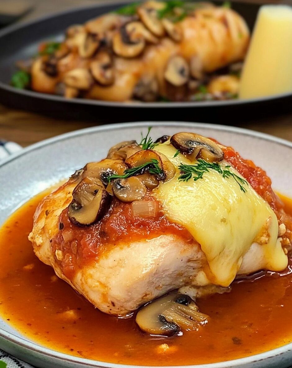 Stuffed Chicken Breast with Mushroom and Cheese Filling in Tomato Sauce