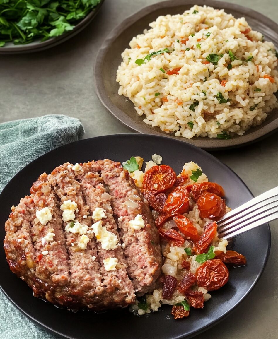 Mediterranean Meatloaf with Feta, Sun-Dried Tomatoes, and Rice Pilaf