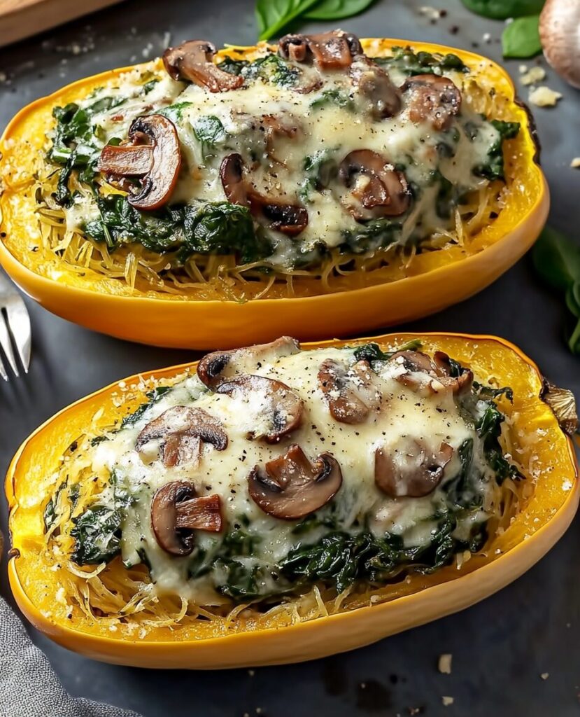 Creamy Spinach and Mushroom Stuffed Spaghetti Squash