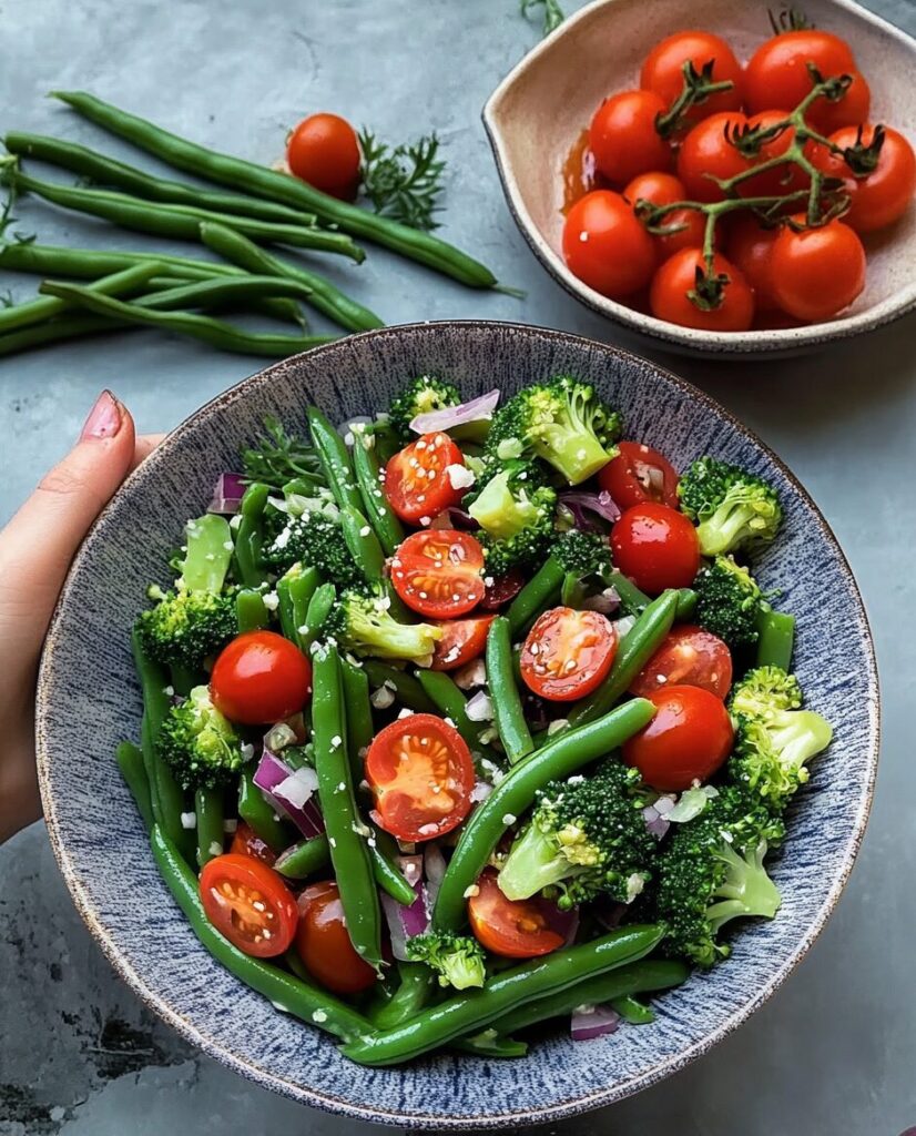 Fresh Broccoli and Green Bean Salad with Cherry Tomatoes finished dish