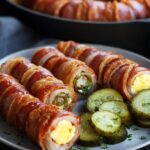 Bacon-Wrapped Pork Rolls with Egg Omelette and Pickles