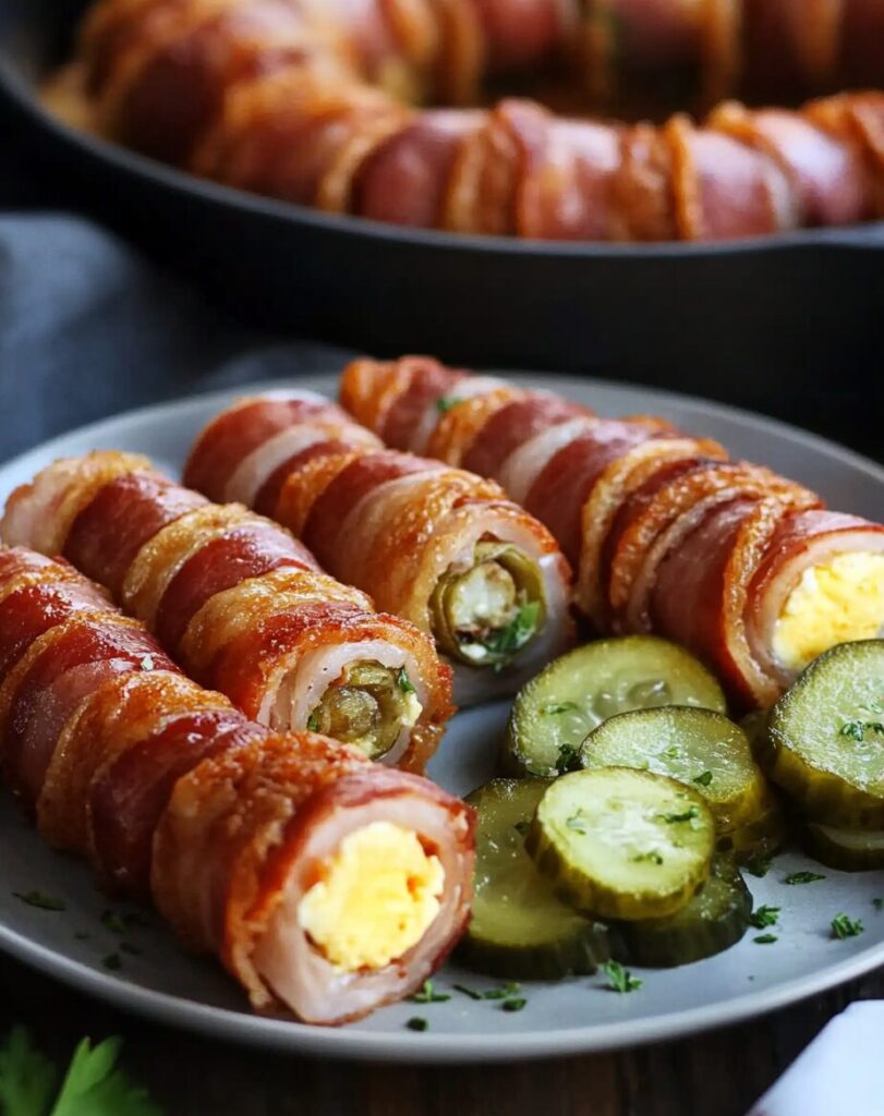 Bacon-Wrapped Pork Rolls with Egg Omelette and Pickles
