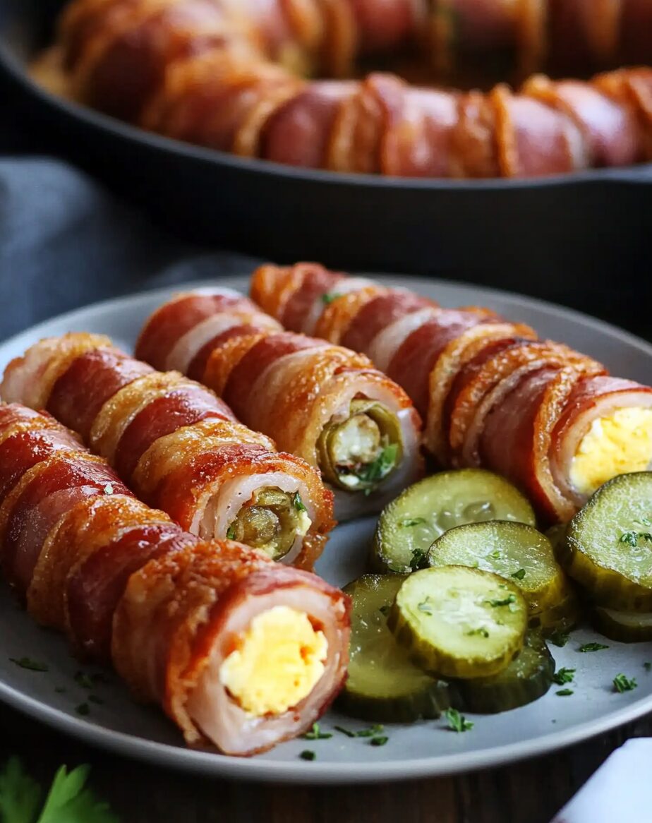 Bacon-Wrapped Pork Rolls with Egg Omelette and Pickles