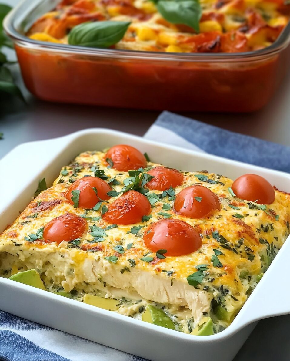 Baked Chicken Casserole with Mozzarella and Avocado Salad