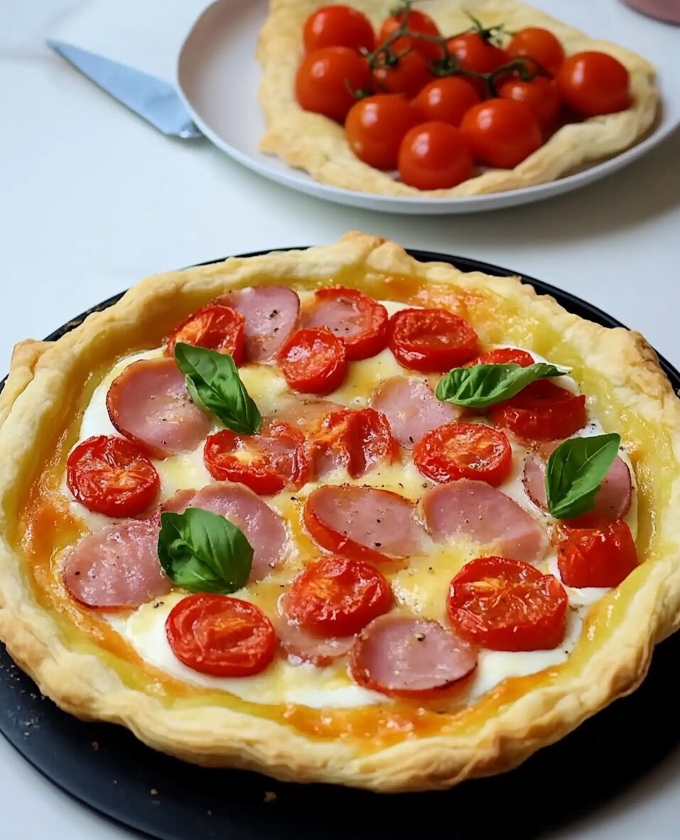 Ham and Cherry Tomato Puff Pastry Tart with Greek Yogurt Mustard Sauce