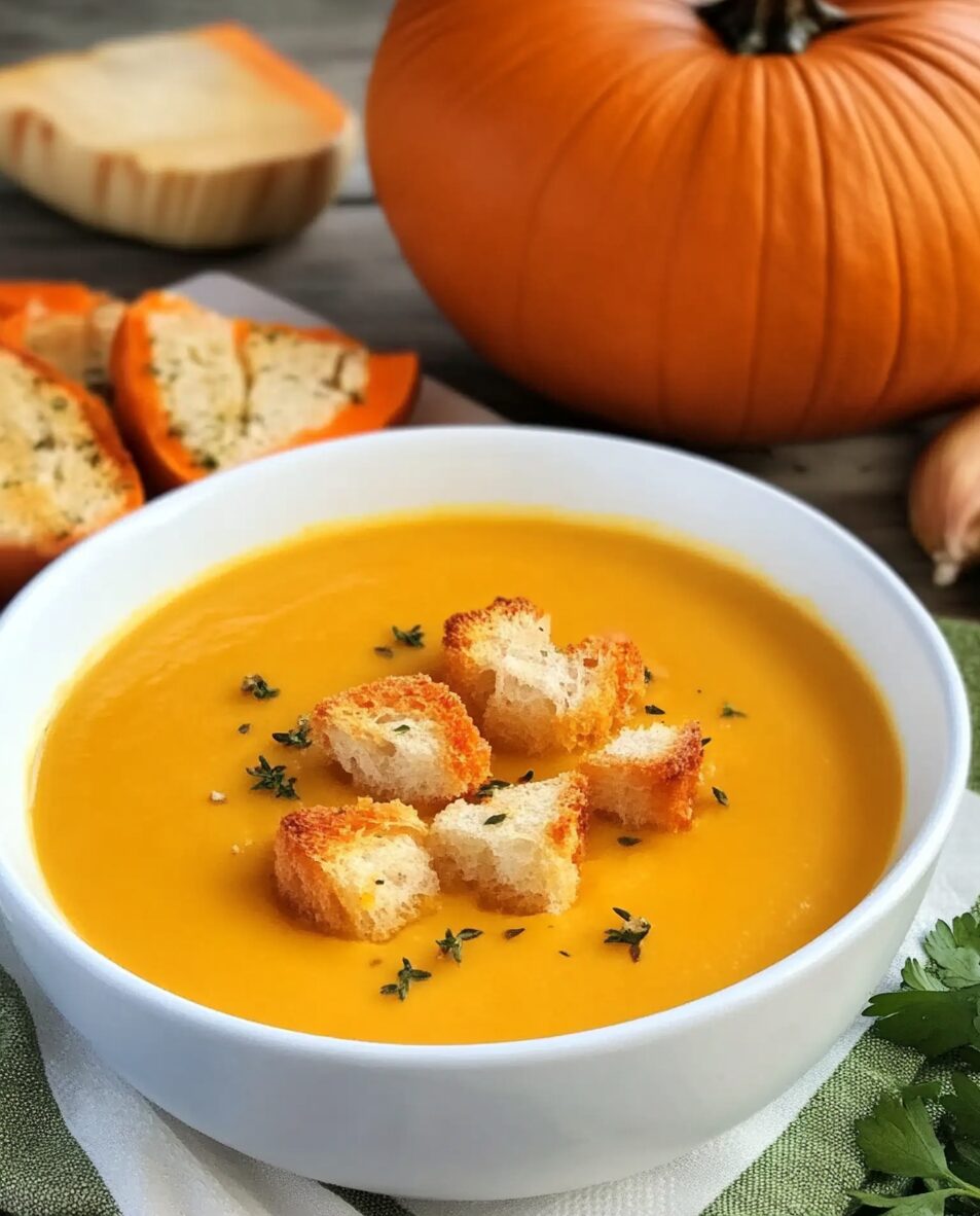 Creamy Pumpkin Soup with Garlic Herb Croutons