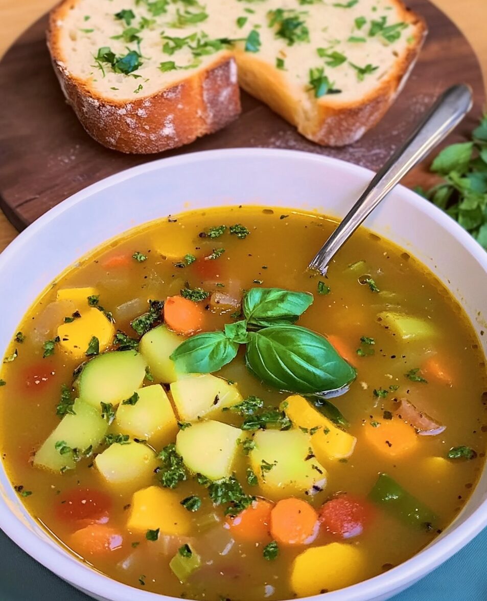 Hearty Vegetable Soup with Homemade Garlic Bread
