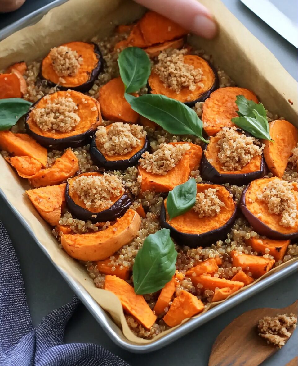 Roasted Sweet Potato and Eggplant Quinoa Casserole with Vegan Parmesan