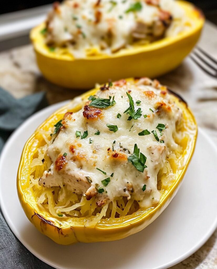 Skinny Chicken Alfredo Stuffed Spaghetti Squash finished dish