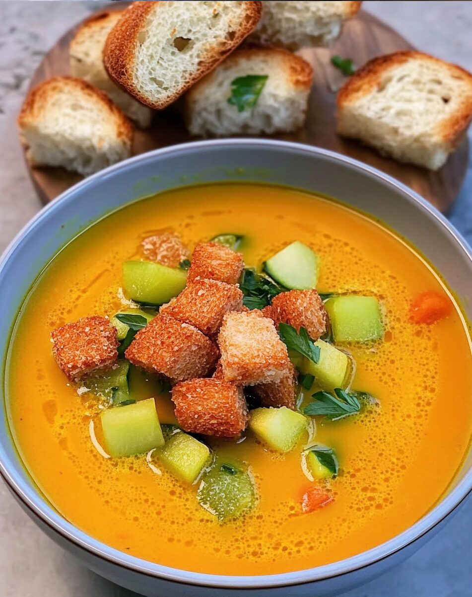 Creamy Vegetable Soup with Homemade Croutons