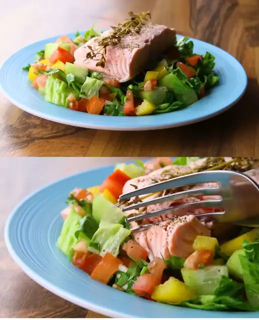 Poached and Broiled Salmon with Fresh Vegetable Salad