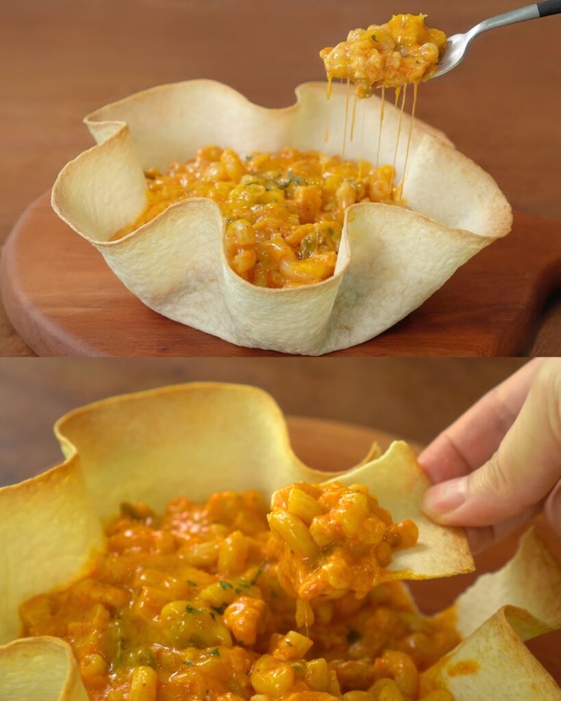 Spicy Chicken Taco Mac and Cheese in a Crispy Tortilla Bowl